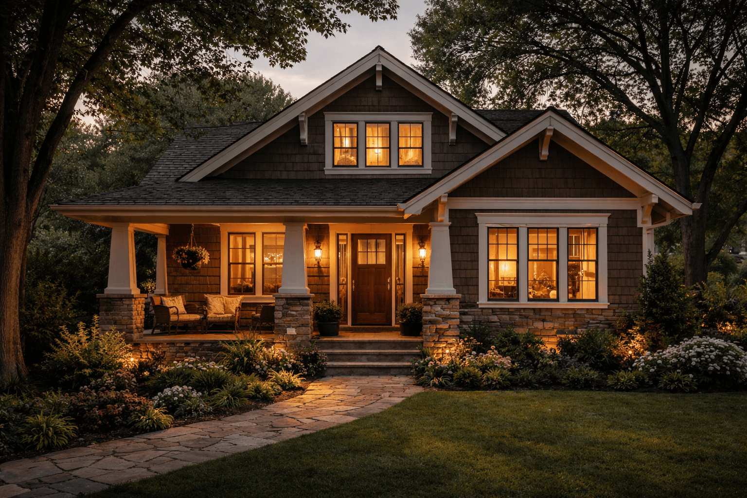 A welcoming home with a garden and a warmly lit front porch